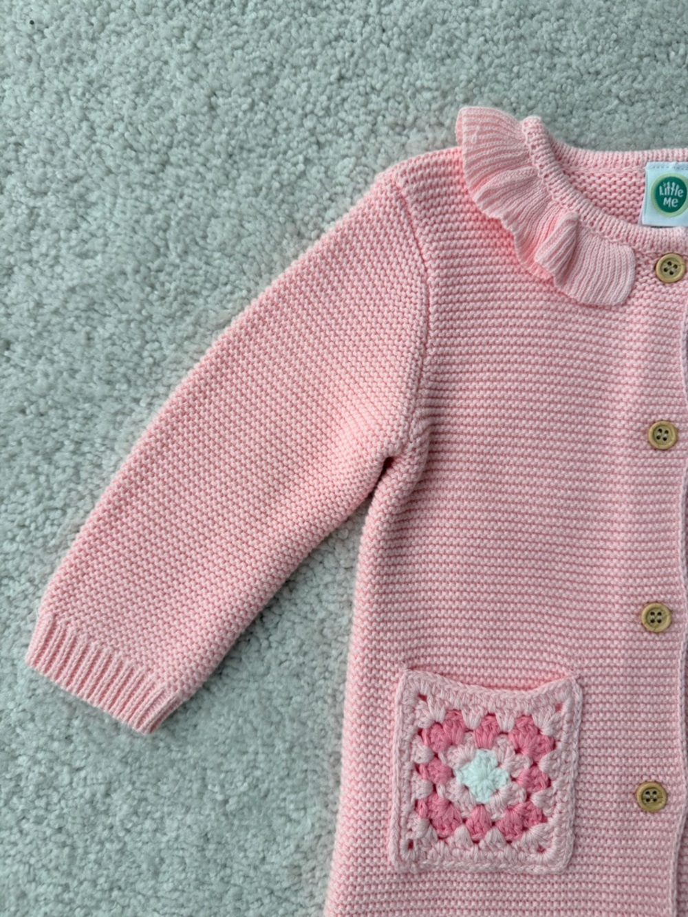 Little Me Pink Knit One-Piece with Crochet Pocket and ruffled neckline - Picture 2 of 9